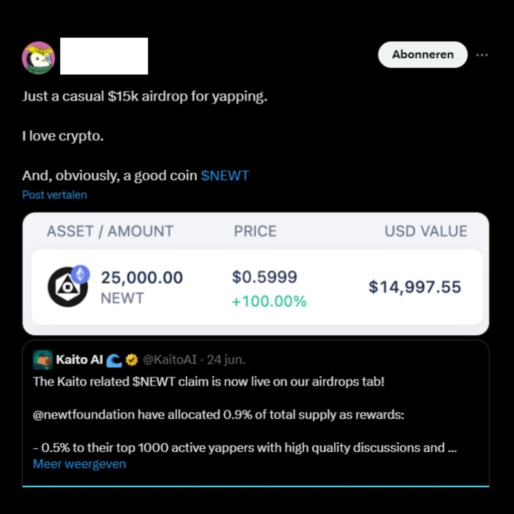 The Great Airdrop Hijack: How Kaito, Binance Alpha, and the Yapper Economy Are Destroying Web3 19 InfluencerTweetAirdrop 14