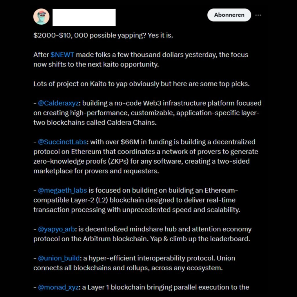 The Great Airdrop Hijack: How Kaito, Binance Alpha, and the Yapper Economy Are Destroying Web3 17 InfluencerTweetAirdrop 4 1